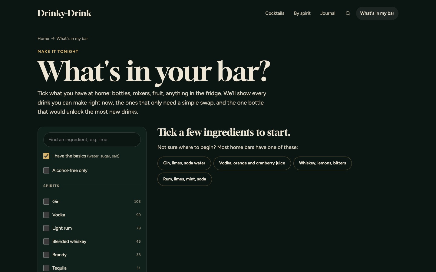 What's in my bar: ingredient checklist with matching drinks