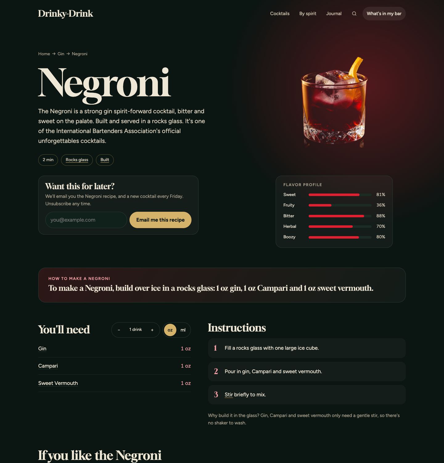 The Negroni recipe page on Drinky-Drink, with numbered notes