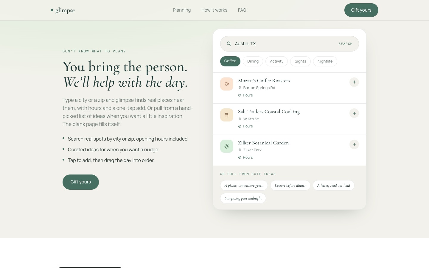 Glimpse place search: Austin, TX results with hours and an add button