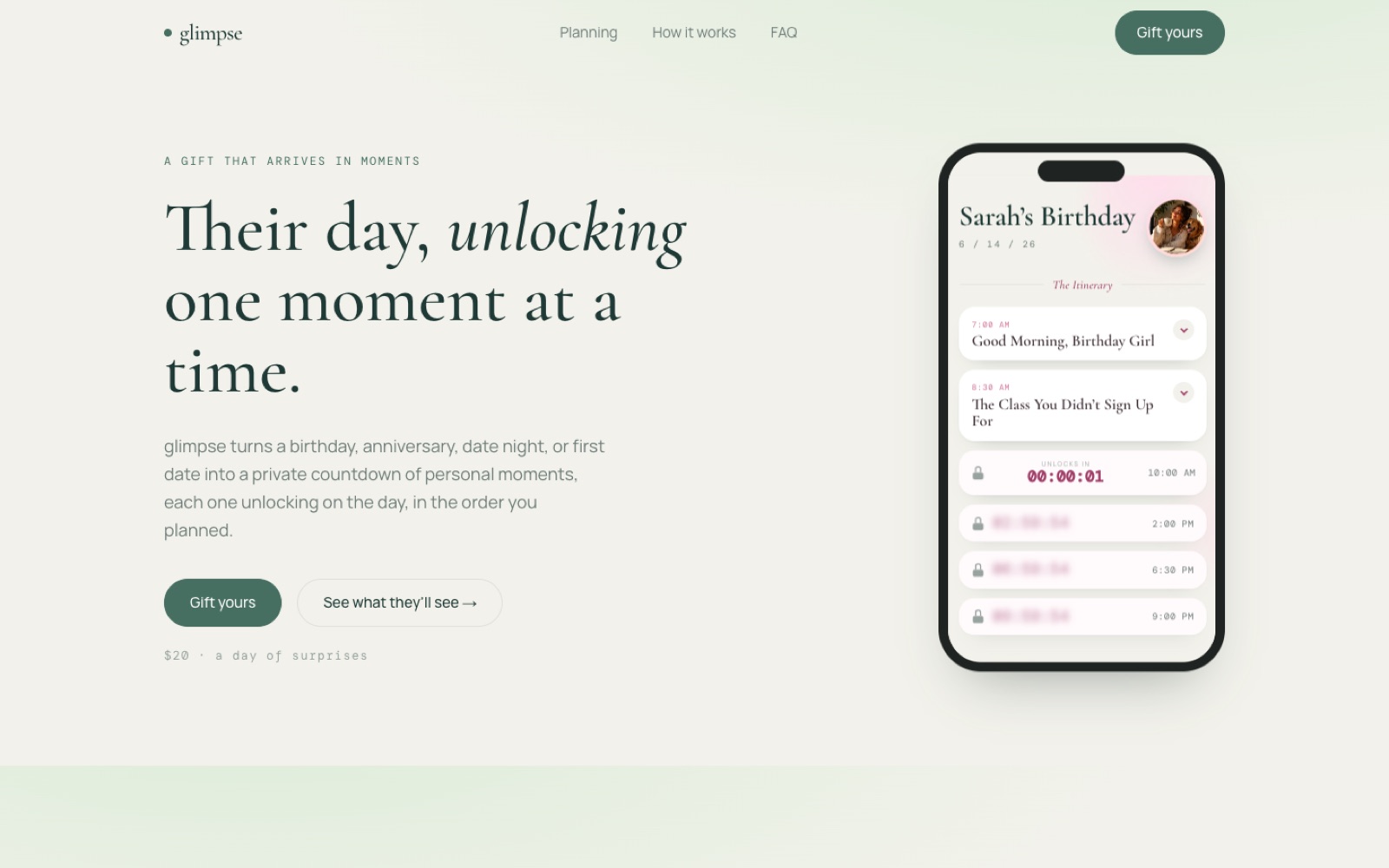 Glimpse homepage with a birthday itinerary on a phone