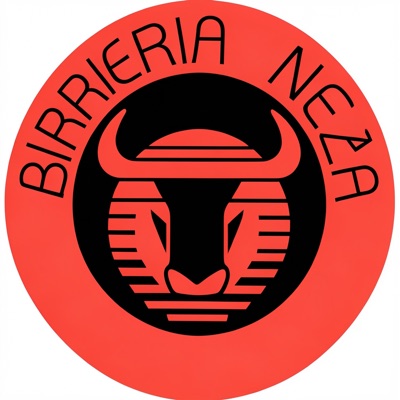 The logo redrawn clean: red circle, black bull head, Birrieria Neza lettering