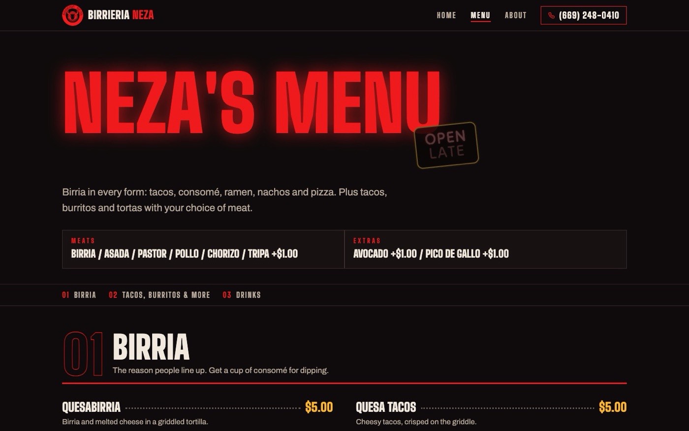 Proposed Birrieria Neza menu page with prices