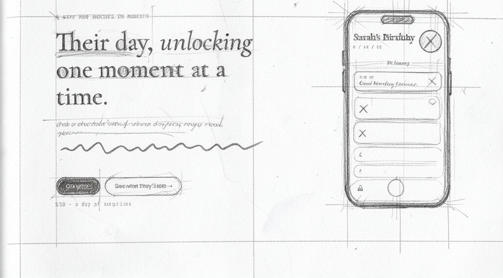 Pencil wireframe of the landing page